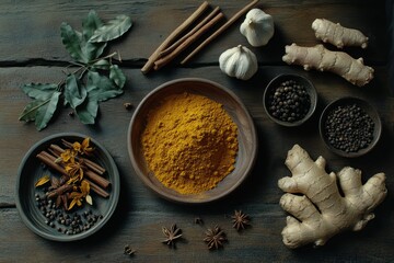 Spices herbs and roots arranged on a rustic wooden surface for cooking.