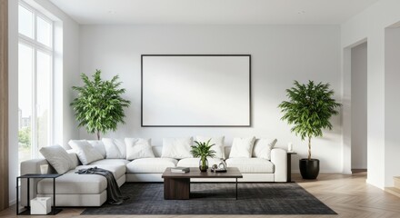 Modern Minimalist Living Room with White Sofa and Greenery