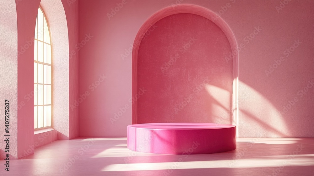 Aufkleber a minimalistic pink interior with an archway and circular platform, emphasizing soft light and textu