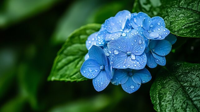 Beautiful blue hydrangea flowers with dew drops on petals in lush green garden wet leaf plant bloom