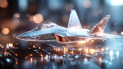 Futuristic jet aircraft in digital environment technology showcase cyberpunk vibe aerial perspective innovation concept