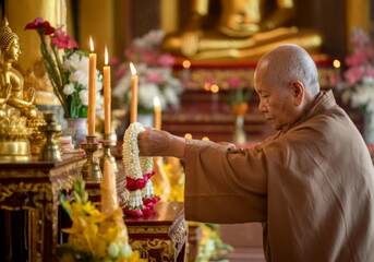Elderly Buddhist devotee offering flowers for Vesak in peaceful temple setting.