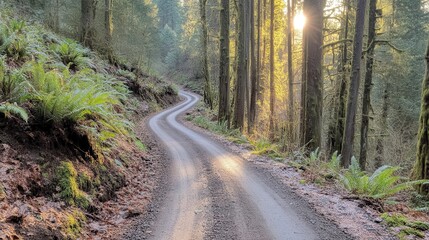 Obraz premium Winding forest road sunset, fern banks, travel