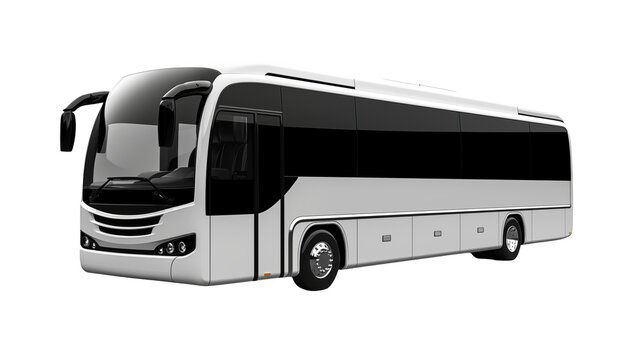 A white touring bus with black windows on a black background
