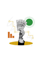 Vertical creative composite photo collage of arm of successful man ready to invest money in...