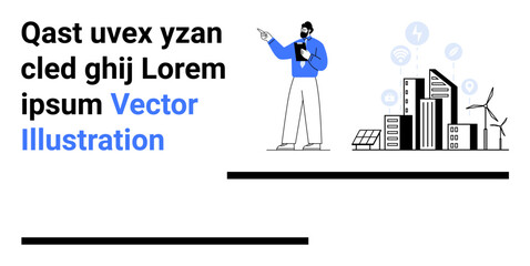 Man pointing at clean energy buildings with solar panels, wind turbines, and abstract icons. Ideal for sustainability, clean energy, eco-initiatives, innovation, urban planning, technology simple