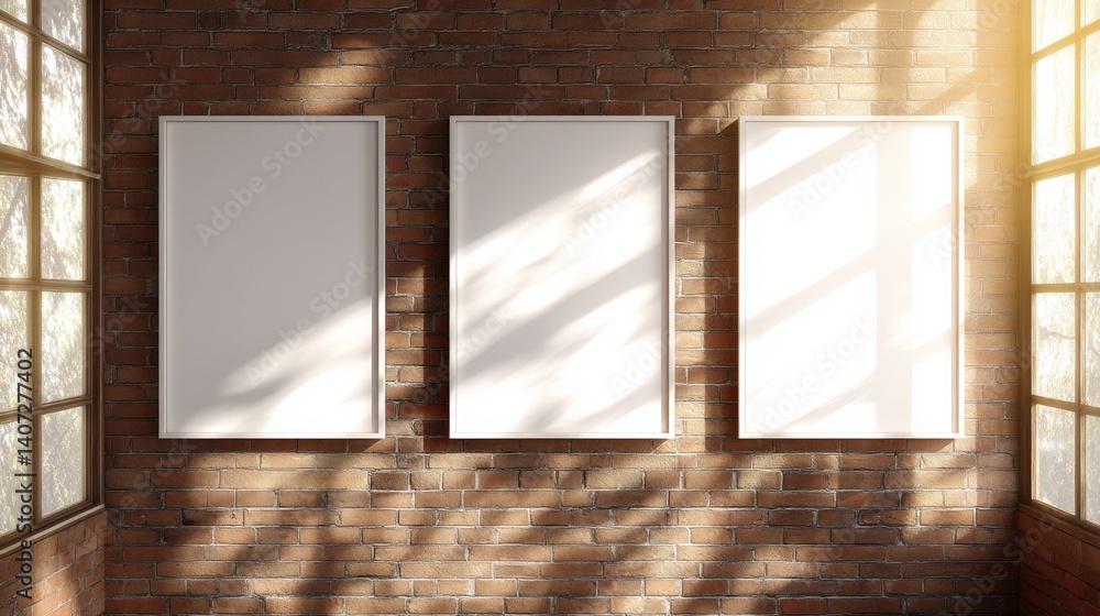 Aufkleber a sunlit room with three empty frames on a brick wall, casting shadows from large windows, creating 