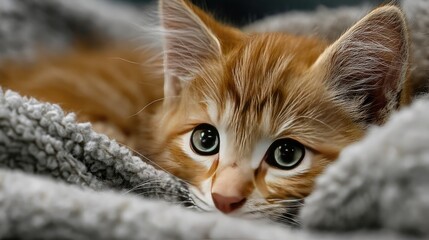 A beautiful ginger kitten resting peacefully while wrapped in a soft gray blanket. The image captures a sweet and tranquil moment evoking warmth, comfort, and love.