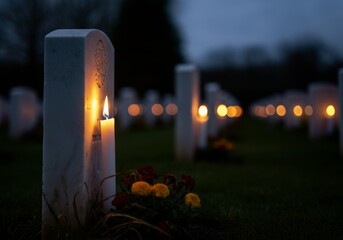 Tranquil evening at cemetery with candlelit gravestones for remembrance and reflection on Memorial Day