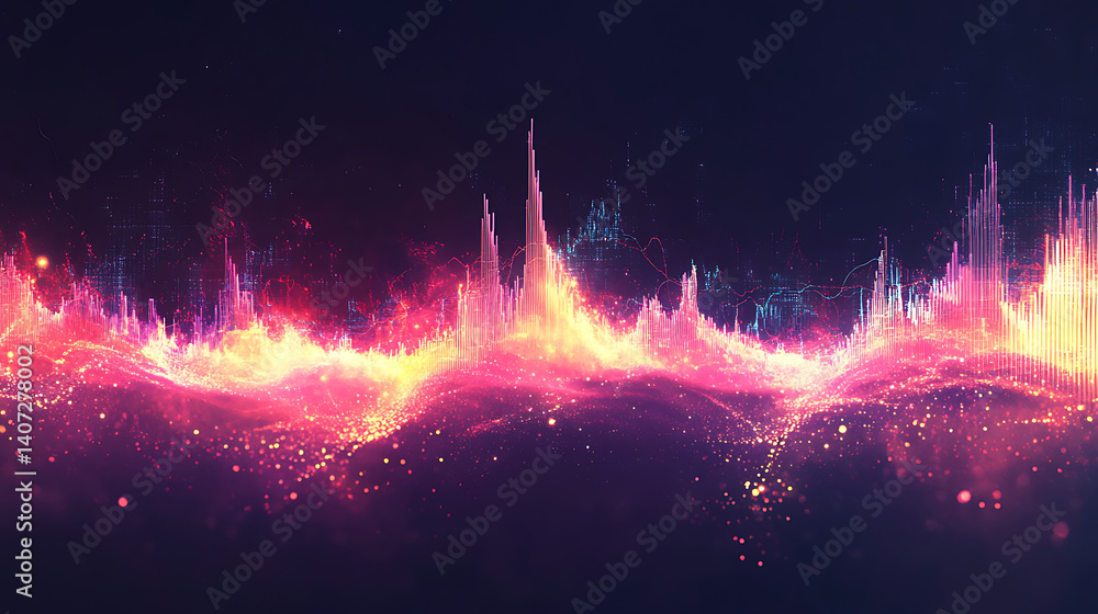 Aufkleber abstract audio spectrum equalizer background with glowing lights and particles visualization for mus