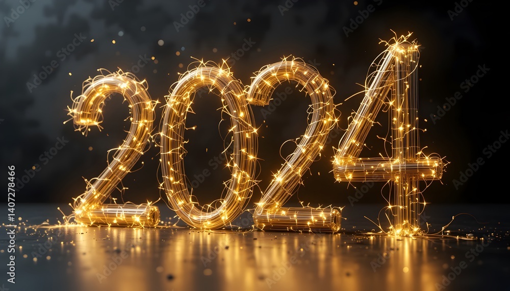Poster luminous wire-frame depiction of the year 2024 with sparkles on a dark background