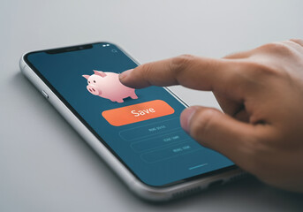 Hand using smartphone app with piggy bank icon for savings or budgeting