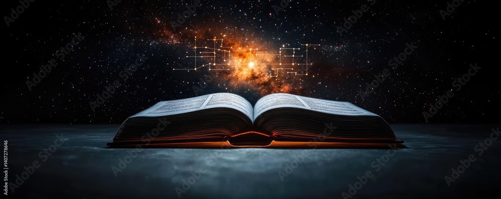 Poster open book under starry sky connecting space and knowledge concept. an open book illuminated against 