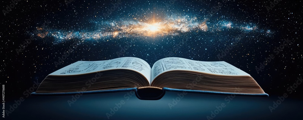 Poster open book under starry sky connecting space and knowledge concept. an open book against a cosmic bac