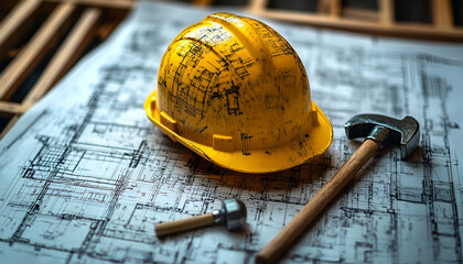 Construction project planning hard hat blueprints hammer
