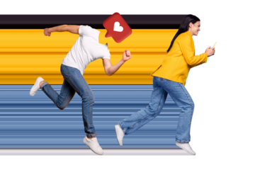 Magazine template creative collage of two people running fast chatting love match website on colorful dynamic lines