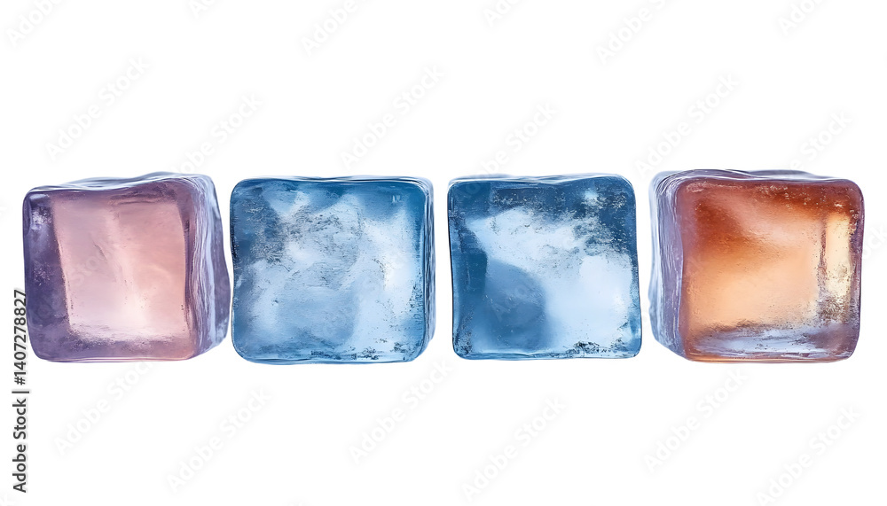 Poster four ice cubes in a row on a white isolated background generative ai