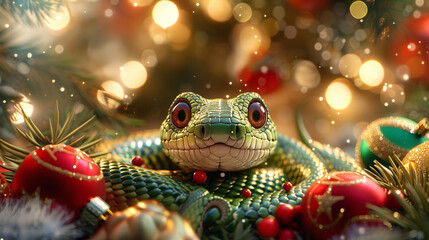 Cute and funny snake mascot in a Christmas setting, surrounded by bright, colorful baubles and a festive tree