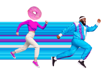 Poster banner collage of two people scared athlete run fast away with flowing colors escape from bad habit fat sugar eating