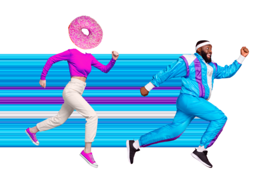 Poster banner collage of two people scared athlete run fast away with flowing colors escape from bad habit fat sugar eating