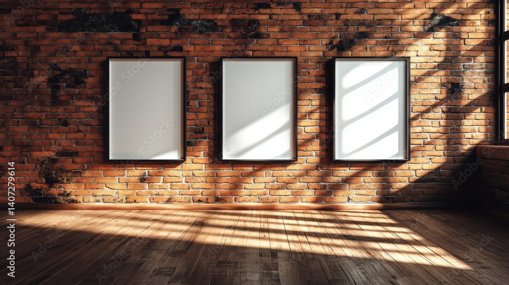 Poster a spacious room with three empty frames on a textured brick wall, illuminated by natural light creat