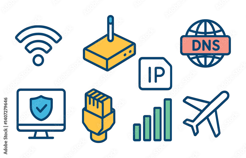 Poster outline vector icons of internet safety settings: safe search, parental control, ad blocker, phishin
