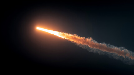 A bright orange streak of light and smoke against a dark background in a horizontal composition
