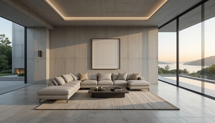 Modern minimalist living room with sectional sofa and waterfront view - AI generated interior design photography