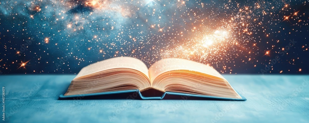 Poster open book under starry sky unveiling galaxy of imagination concept. an open book showcasing endless 
