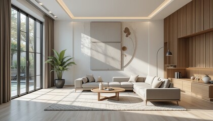 Fototapeta premium Modern minimalist living room with light sectional sofa and floor-to-ceiling windows - AI generated interior design photography