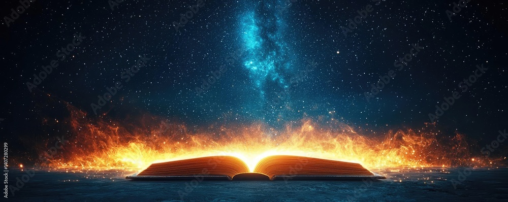 Poster open book under starry sky connecting space and knowledge concept. an open book surrounded by flames