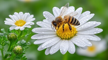 Obraz premium Bee on Dew Covered White Daisy Close up