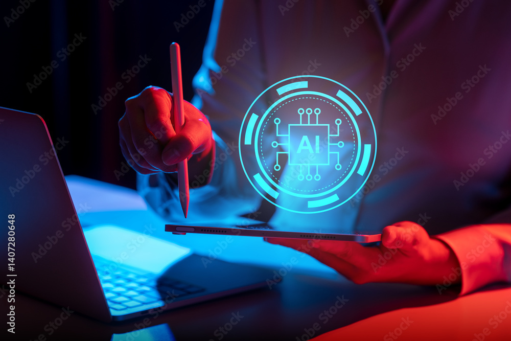 Poster business person with tablet showing virtual icons interface of ai artificial intelligence. data mana