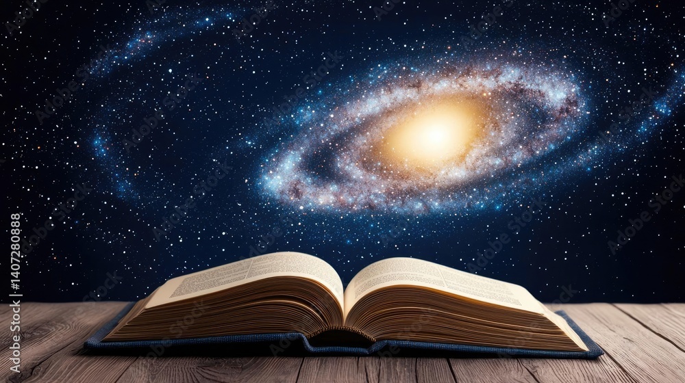Poster open book under starry sky unveiling galaxy of imagination concept. an open book on a wooden table w