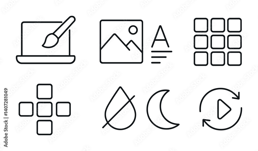 Poster outline vector icons of ui customization settings: theme, wallpaper, font size, layout grid, icons p