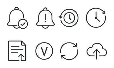 outline vector icons of app management settings: installed apps, app permissions, storage use, uninstall, app update, cache, default apps, app info. No text. The icons should be clean. isolated