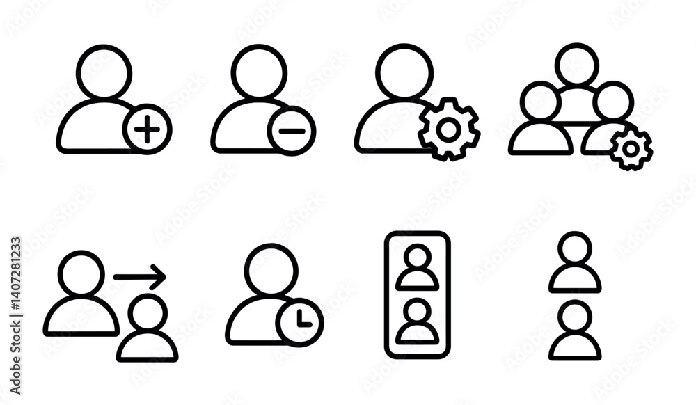Poster outline vector icons of user management settings: add user, remove user, change role, permissions, g