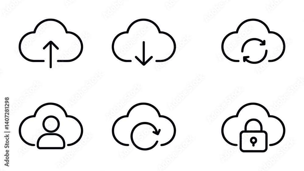 Poster outline vector icons of syncing settings: cloud sync, refresh arrows, upload, download, two-way sync