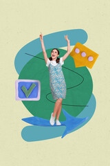 Creative picture collage of person win arrows with speech bubble check mark on yellow background