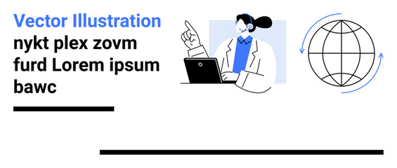 Person gesturing toward data presentation near laptop, globe with arrows, and placeholder text. Ideal for education, technology, innovation, teamwork, global business, presentations simple landing