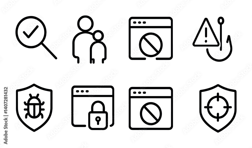Poster outline vector icons of internet safety settings: safe search, parental control, ad blocker, phishin