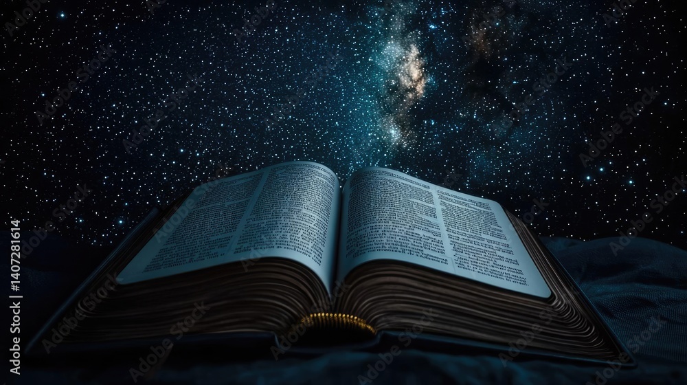 Poster Open book under starry sky unveiling galaxy of imagination concept. An open book under a starry sky, symbolizing knowledge and wonder.
