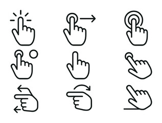 Obraz premium outline vector icons of touch control settings: gestures, swipe, double tap, long press, multi-touch, zoom, rotate, drag. No text. The icons should be clean. isolated transparent background. Line