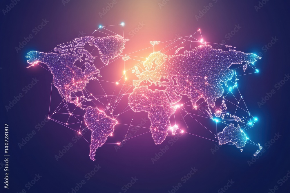 Poster Stylized world map featuring glowing connection lines against a minimal gradient background showcasing global connectivity