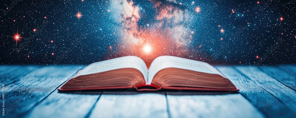 Poster open book under starry sky unlocking dreamlike space concept. an open book reveals a universe of kno