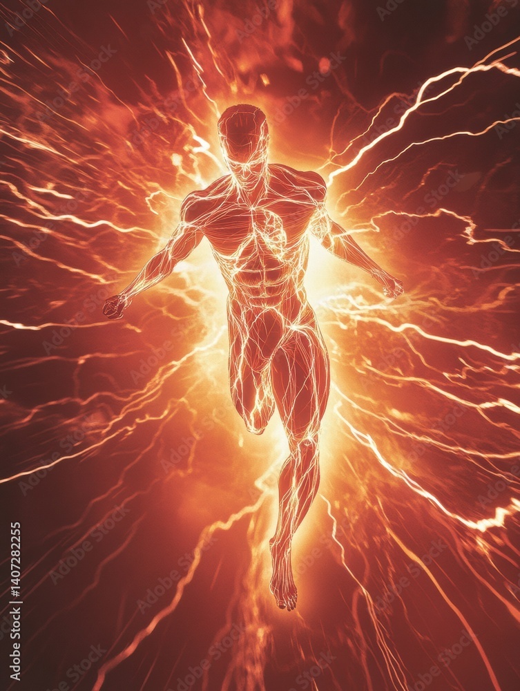 Poster dynamic figure with muscles harnessing energy bursts in a vibrant red background
