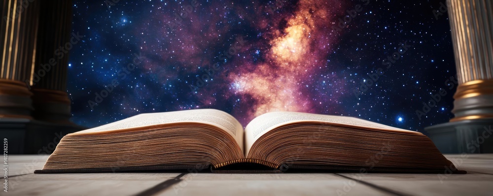 Poster open book under starry sky unveiling galaxy of imagination concept. an open book against a cosmic ba