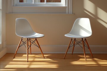 Two white chairs facing the camera, on a wood floor, next to a window with shadows