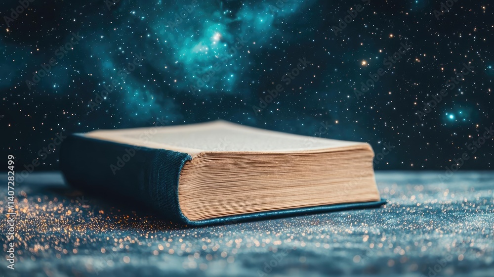 Poster open book under starry sky connecting space and knowledge concept. an open book resting against a st