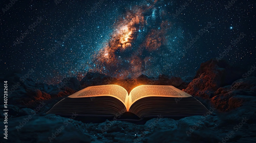 Poster open book under starry sky connecting space and knowledge concept. an open book against a starry cos